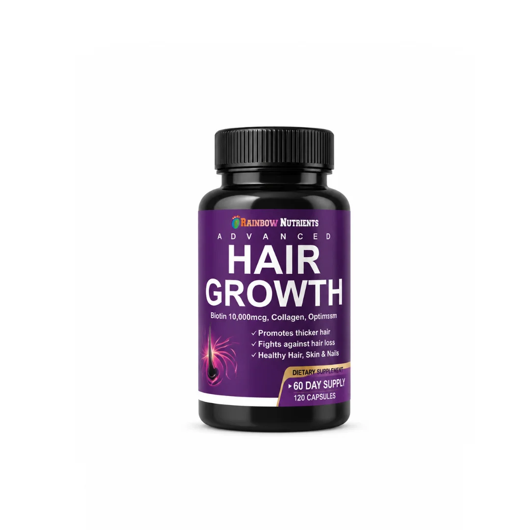 Hair Growth Advanced – Biotina 10,000 mcg, Colágeno y OptiMSM – Rainbow Nutrients (120 Cápsulas)