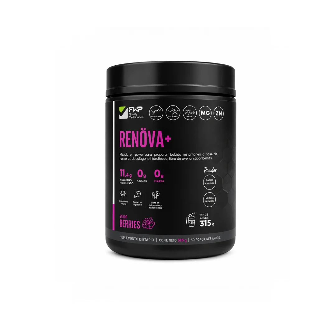 Renöva+ – Mezcla Premium de Colágeno Hidrolizado, Resveratrol y Omega 3 (Sabor Berries)