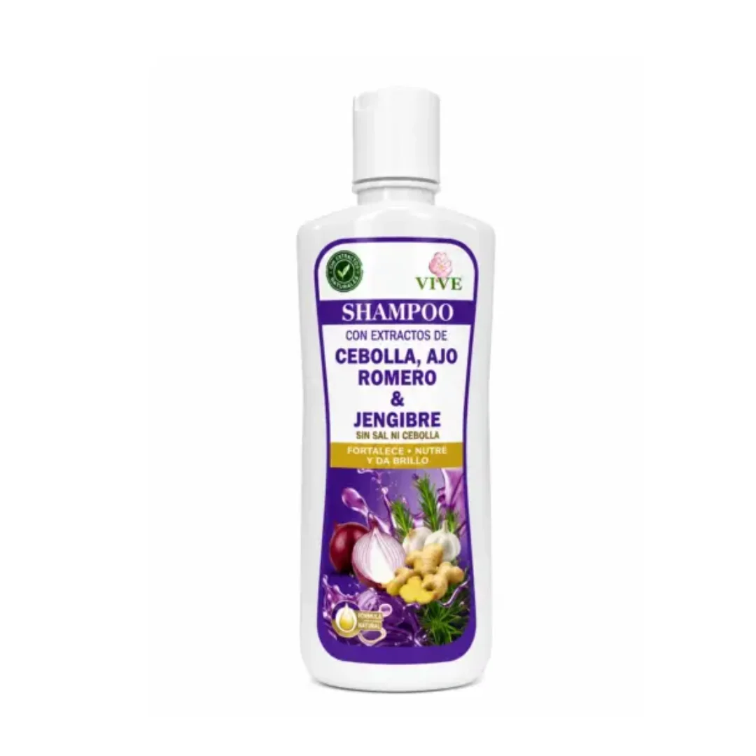Shampoo Fortalecedor Vive – Con Extractos de Cebolla, Ajo, Romero y Jengibre (Sin Sal ni Olor)